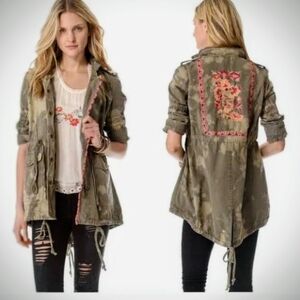 Free People Olive Utility Jacket with Floral Embroidery
